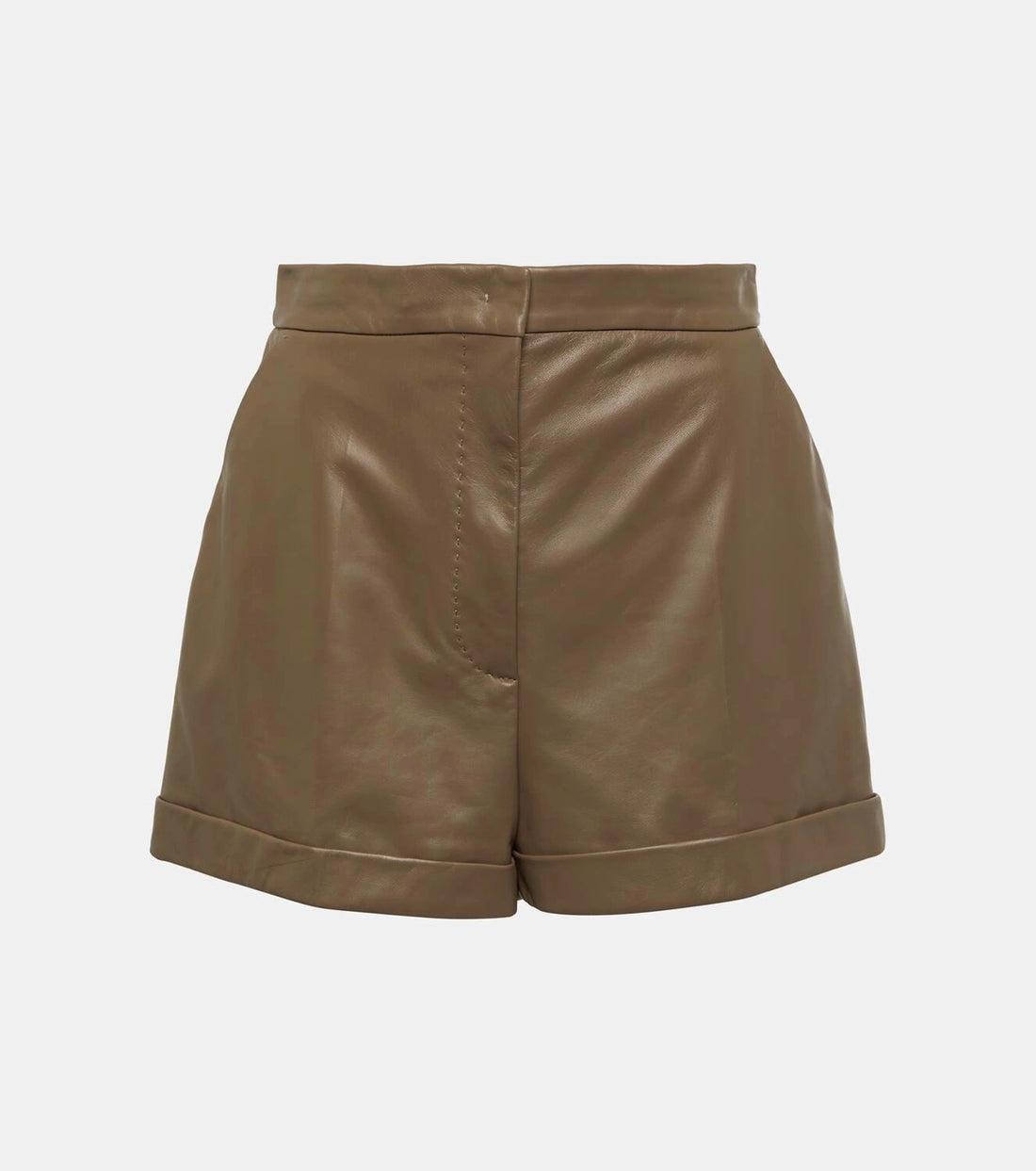 Women's real leather brown high-waisted shorts front view.