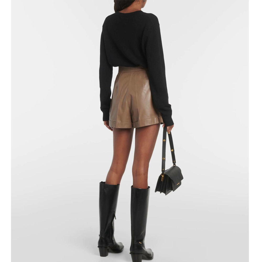Back view of women’s real leather shorts in rich brown, featuring contour stitching and elevated style.