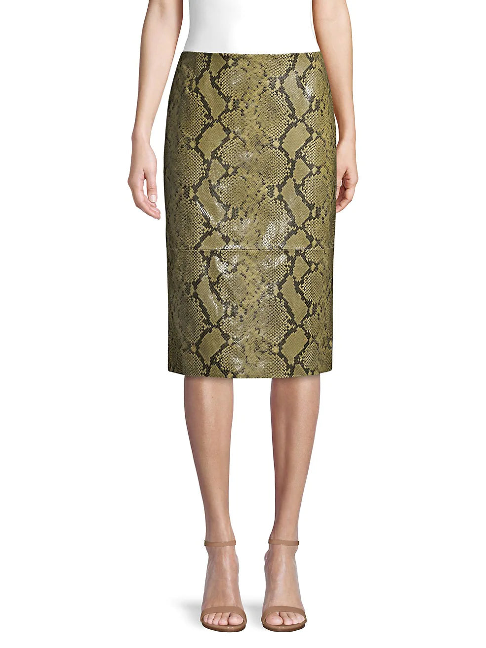Model wearing fitted genuine leather animal print skirt.