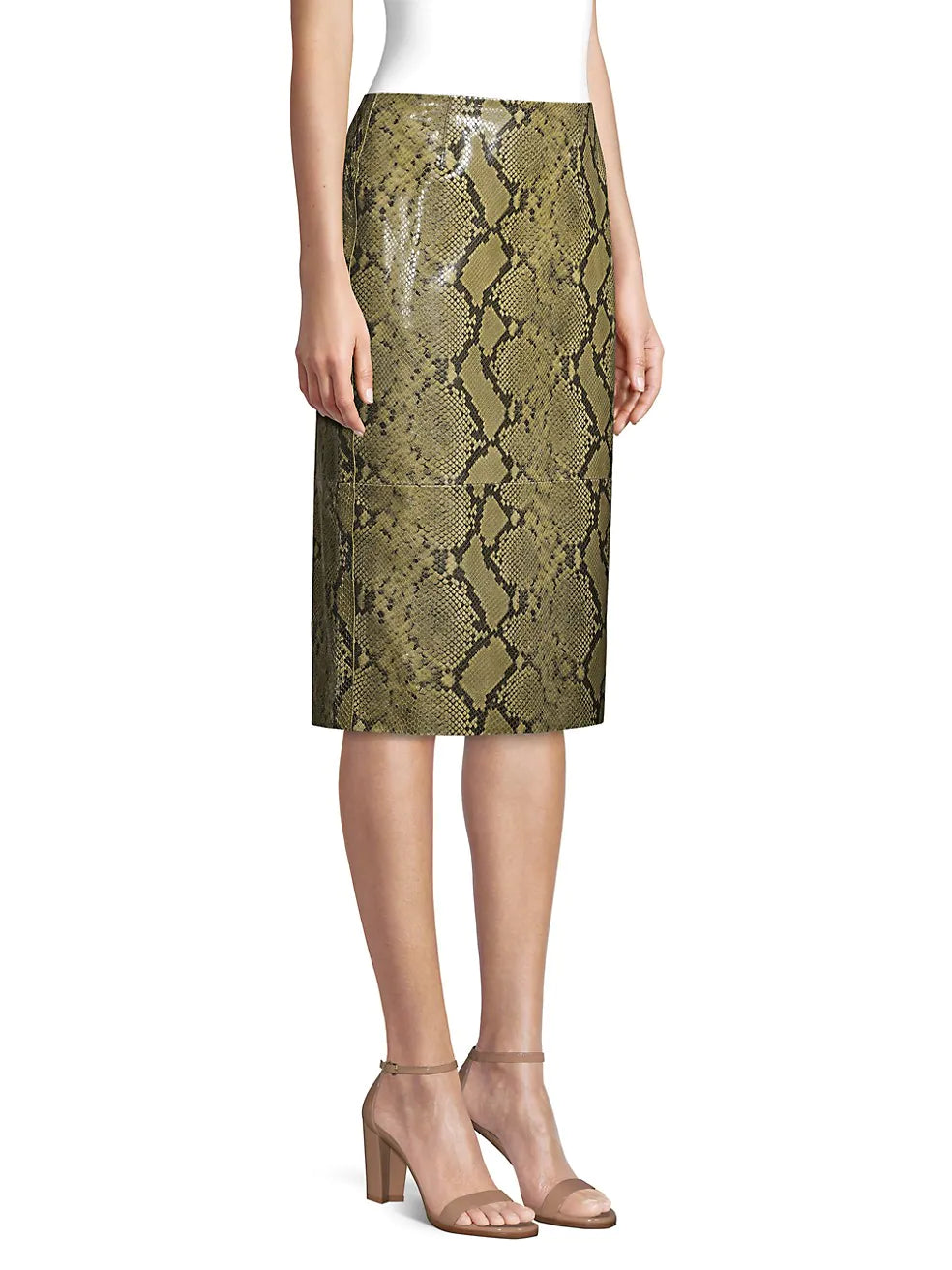 Side angle of snake skin pattern leather pencil skirt.