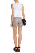 Designer high-rise leather shorts in taupe color.