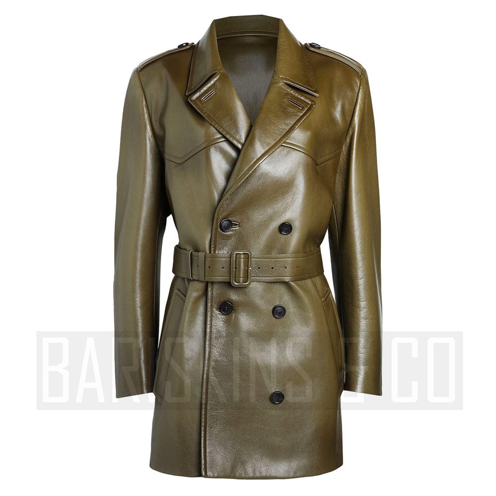 Women’s Olive Green Leather Coat – Belted Trench Style front view