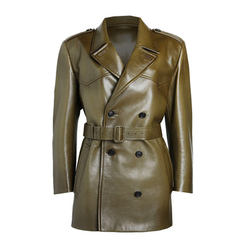 Women’s real olive leather trench coat with short belted fit and sleek modern silhouette