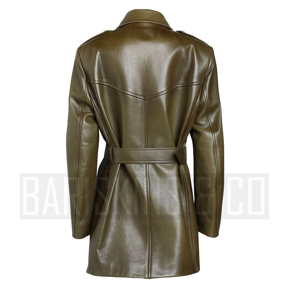 Real lambskin olive trench coat women – back view with tie belt