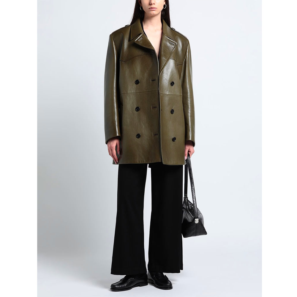Women’s real olive leather trench coat with short belted fit and sleek modern silhouette