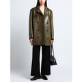 Olive green leather trench coat for women featuring real leather material and adjustable belted waist