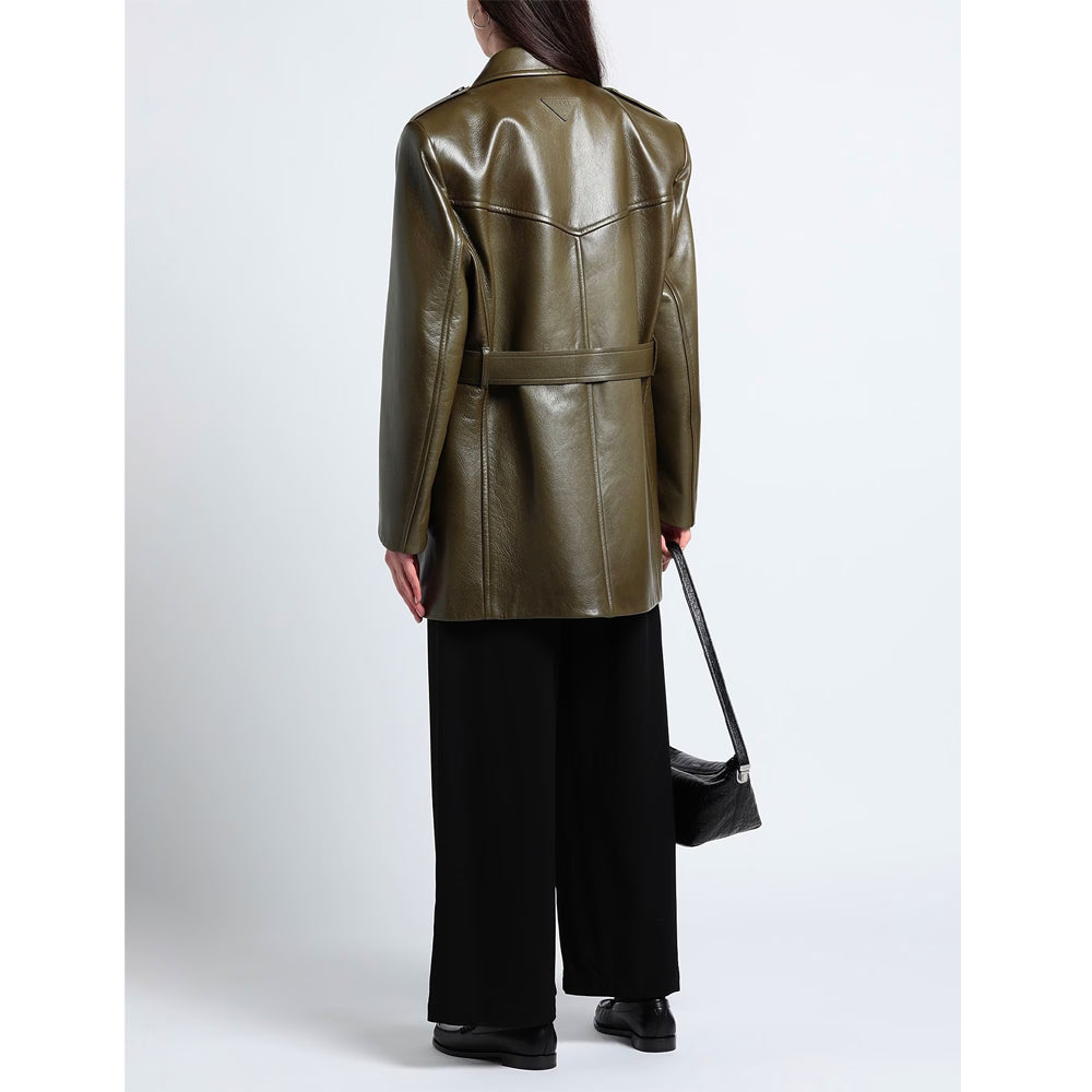 Women’s short olive leather coat with belt detail and tailored trench style for elegant look
