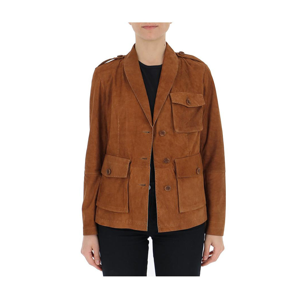 Women’s real suede jacket – brown military safari design front view
