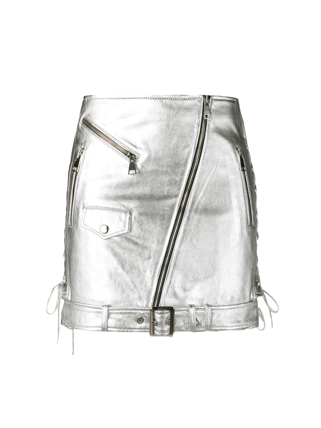 Women's Silver Biker Mini Skirt – Real Leather Front View.