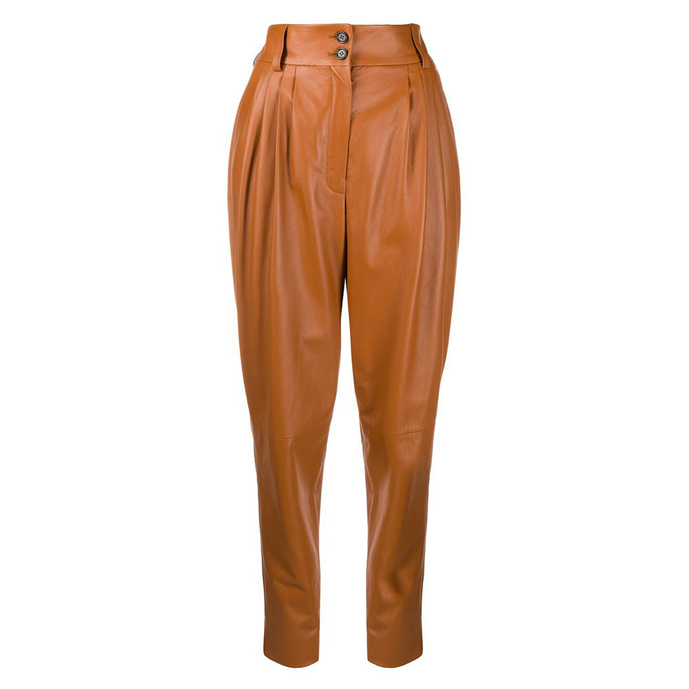 Front view of Women's Tan Pleated Leather Pants - High Waist Tapered Fit.
