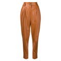 Front view of Women's Tan Pleated Leather Pants - High Waist Tapered Fit.