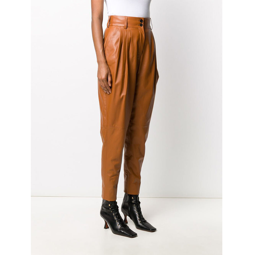 Front view of Women's Tan Pleated Leather Pants - High Waist Tapered Fit.