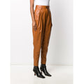 Close-up of Women's Tan Pleated Leather Pants - High Waist Tapered Fit.