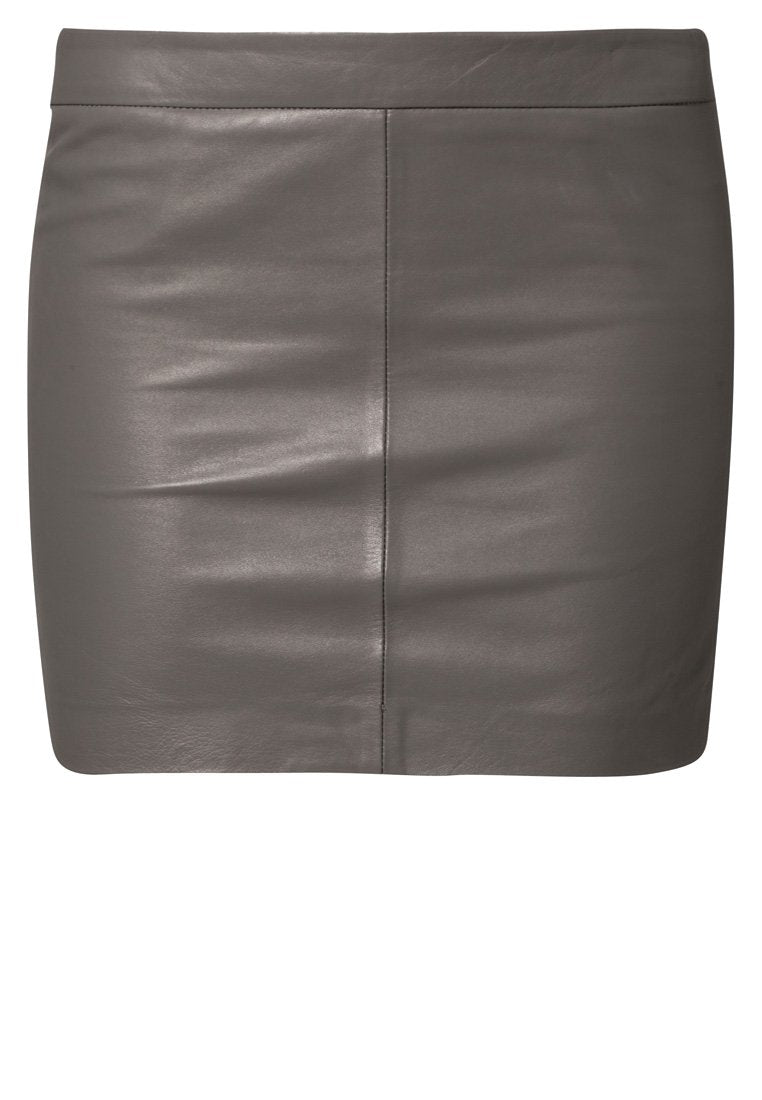 Womens Taupe Real Leather Mini Skirt – Front View, Bodycon Fit.