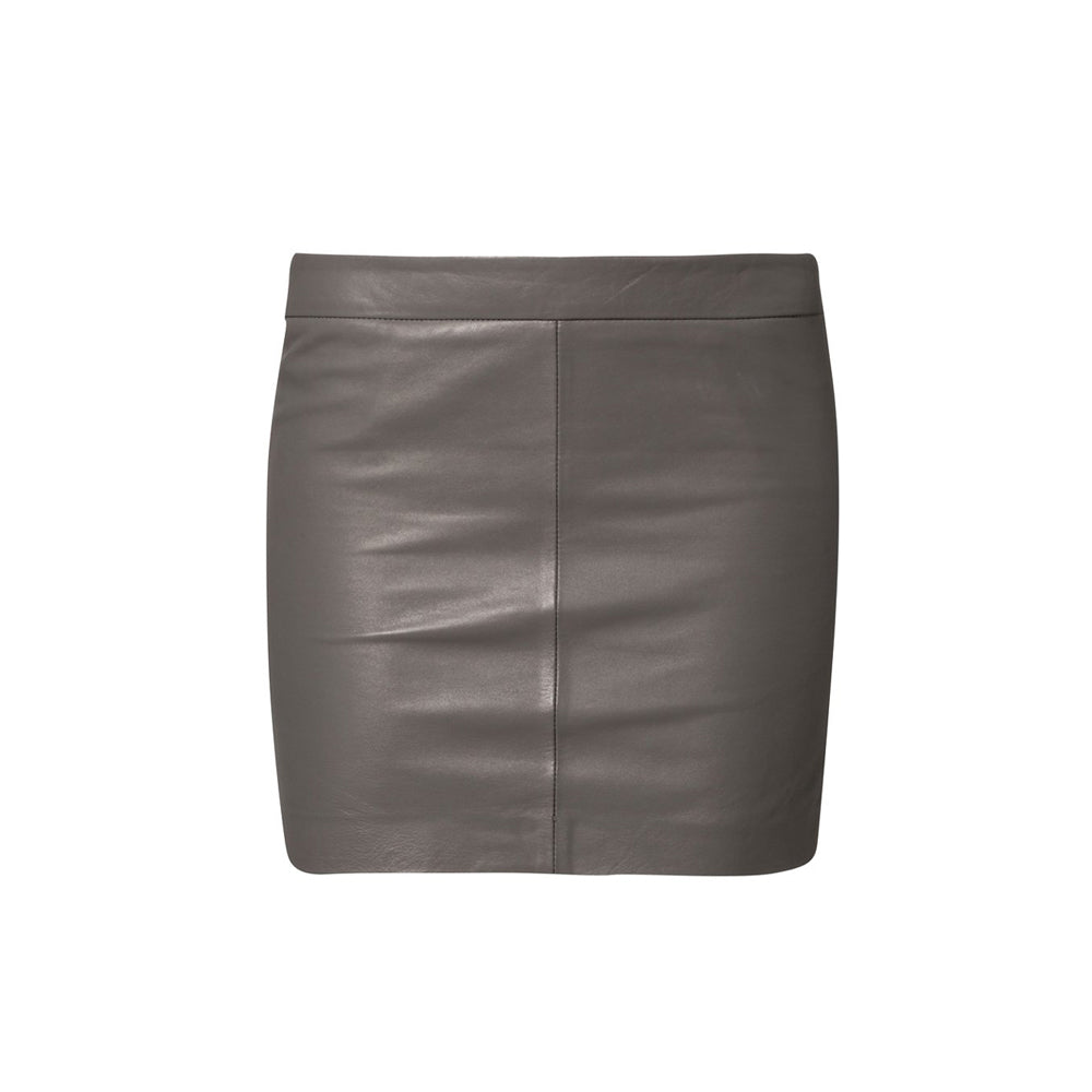 Womens Taupe Real Leather Mini Skirt – Front VieAw, Bodycon Fit.